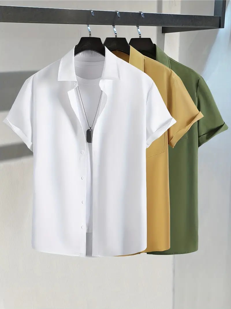 3pcs Plus Size Lapel Mens Solid Color Button Down Shirts, Top Blouse Shirts, Short Sleeve, Button Down Dress Shirts